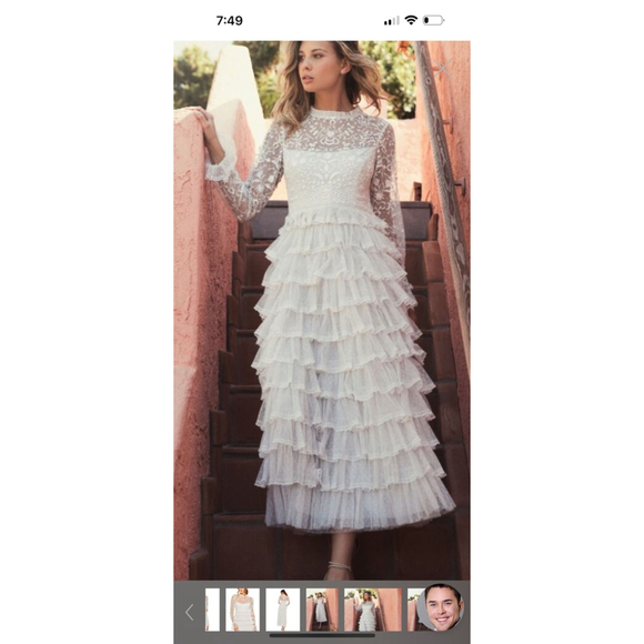 Mac Duggal Pearl White Layered Lace High Neck Tiered Dress Size 10 - Picture 4 of 14